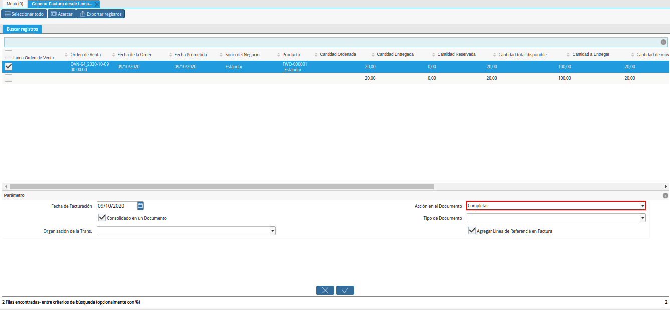 Campo Acción en el Documento de la Ventana Generar Factura desde Líneas de la Orden