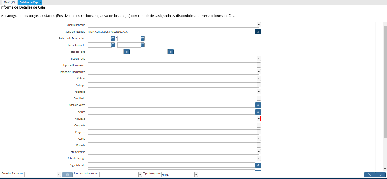 campo actividad del reporte detalle de caja