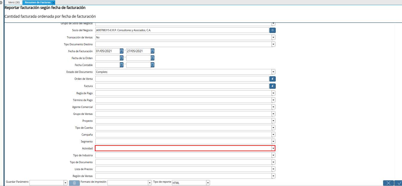 campo actividad del reporte resumen de facturas