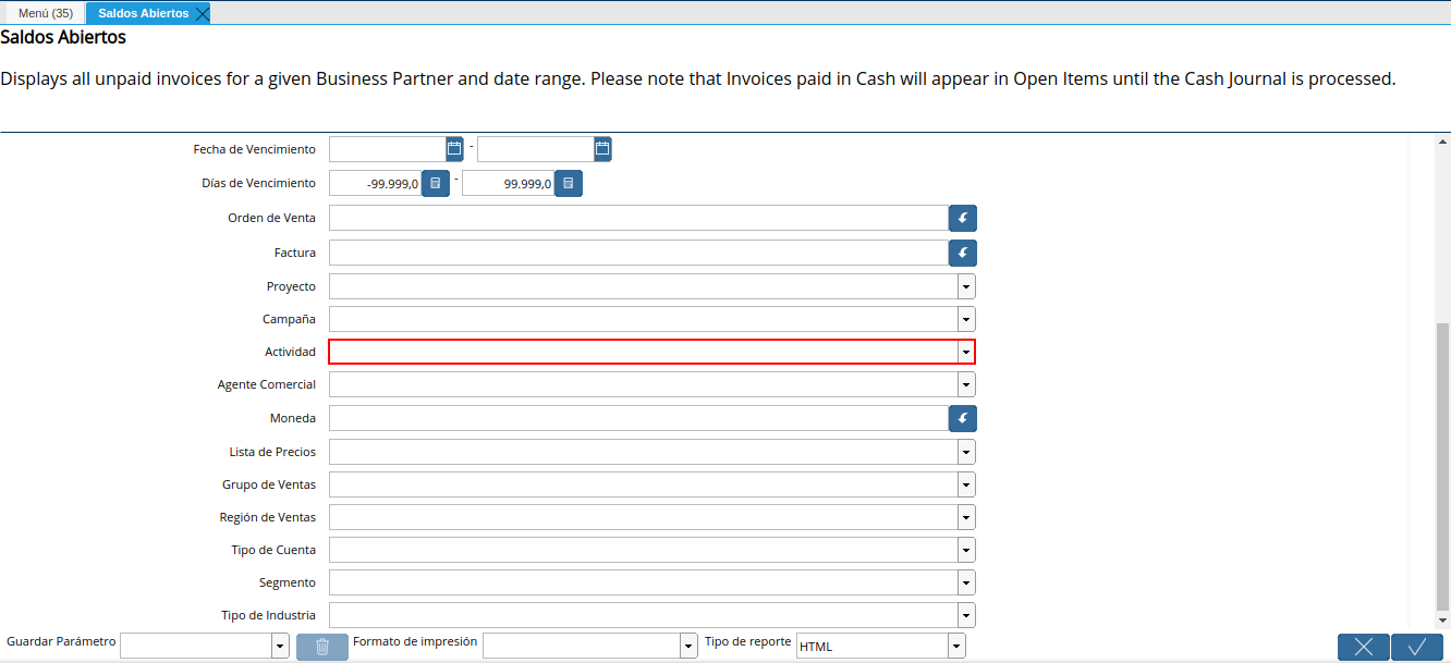 campo actividad del reporte de saldos abiertos