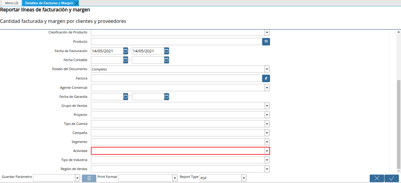 campo actividad del reporte detalles de facturas y margen