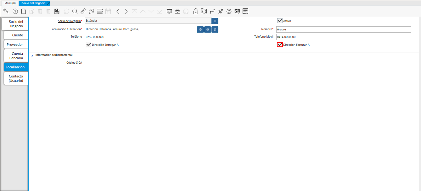 Checklist Facturar-A de la Pestaña Localización del Registro Cliente