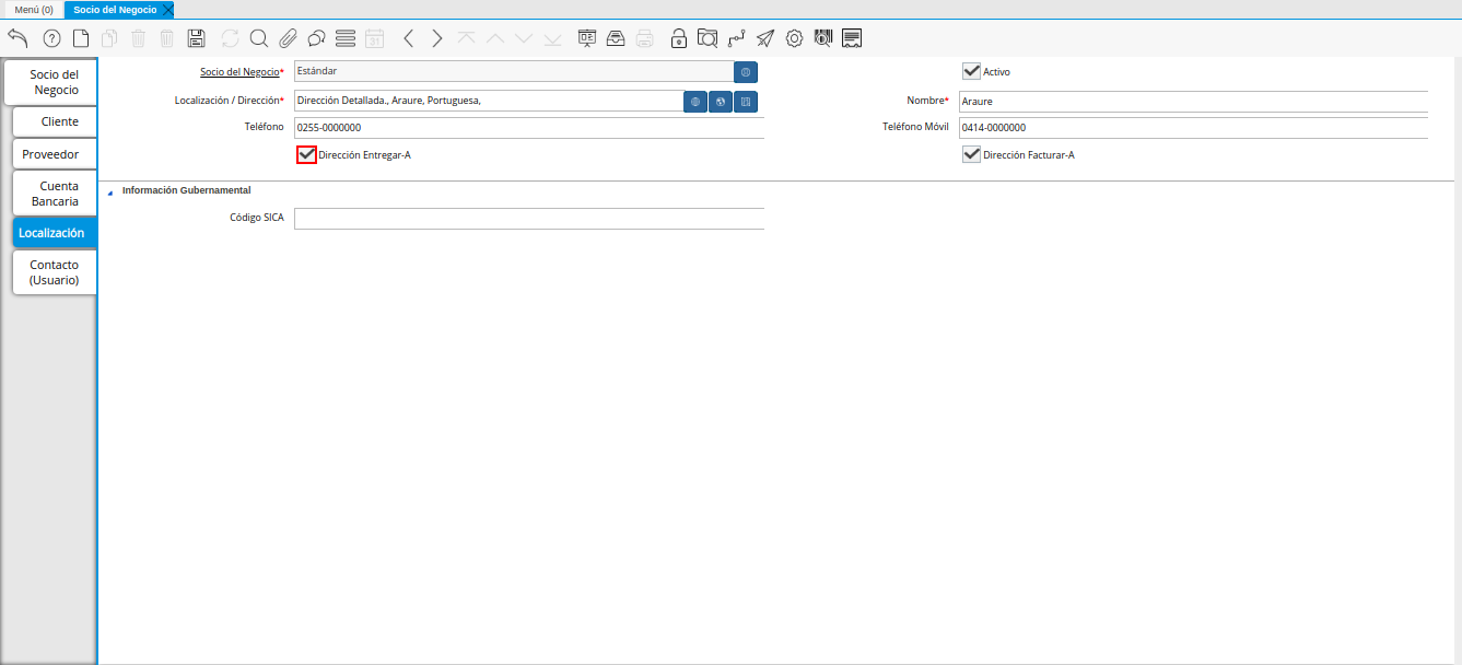 Checklist Dirección Entregar-A de la Pestaña Localización del Registro Proveedor
