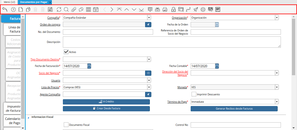 Barra de Herramientas de ADempiere en Ventana Estándar