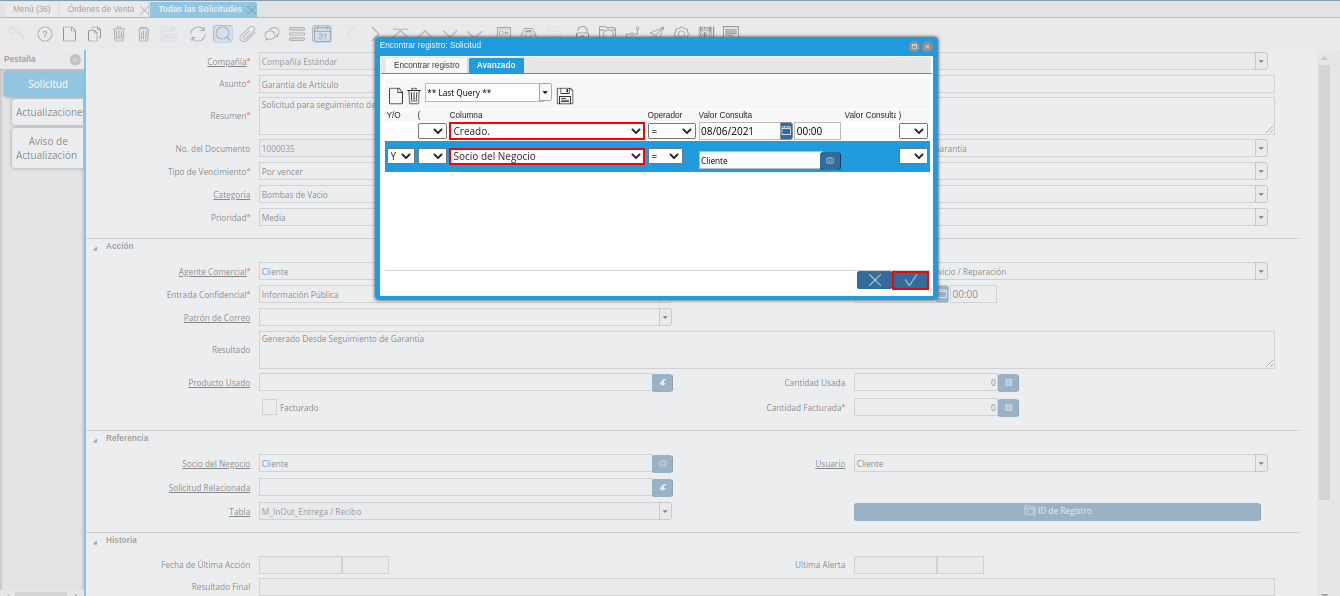 búsqueda avanzada de la solicitud