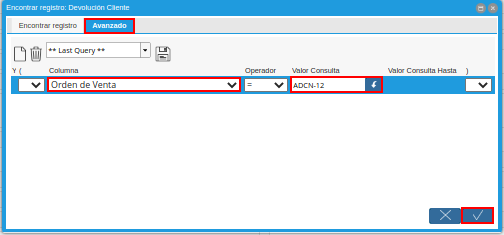 búsqueda avanzada de la ventana devolución cliente