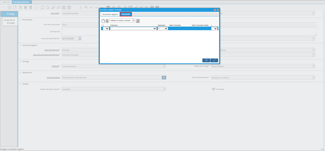 Pestaña Avanzado de la Ventana Encontrar Registro Entrega
