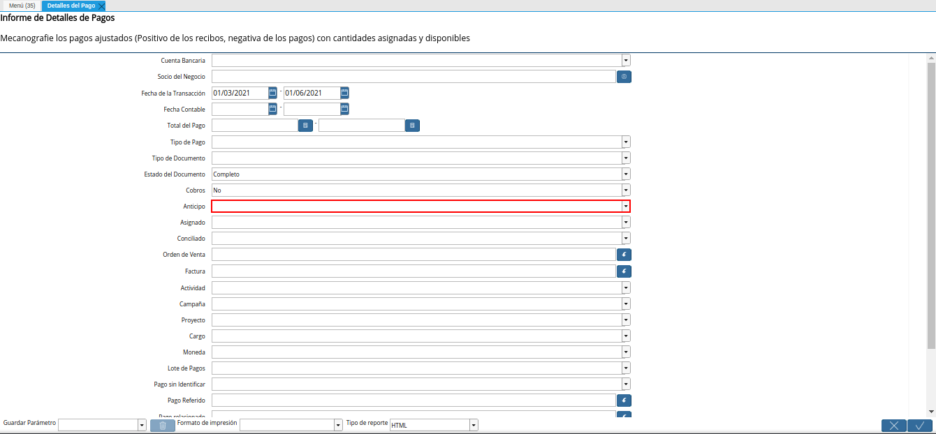 campo anticipos del reporte detalles del pago