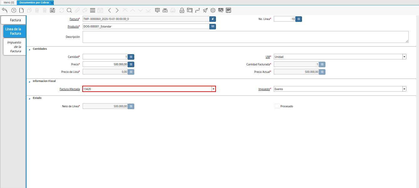 campo factura afectada línea nota de crédito