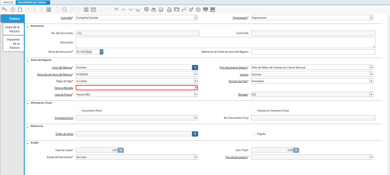 campo factura afectada nota de débito