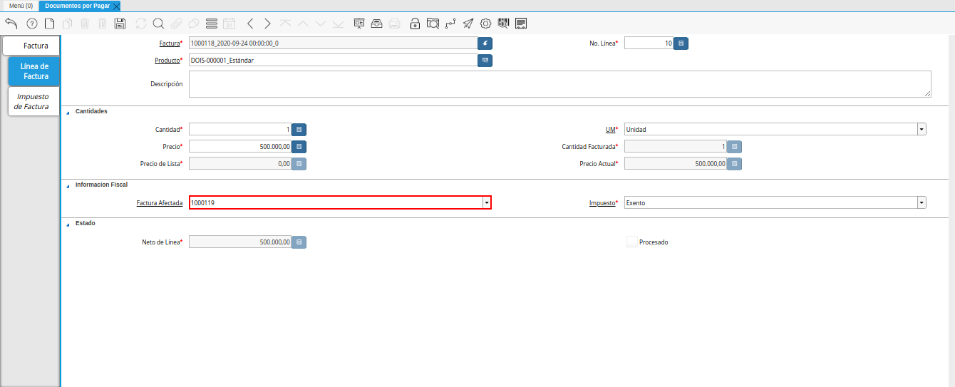 campo factura afectada de la pestaña linea de factura