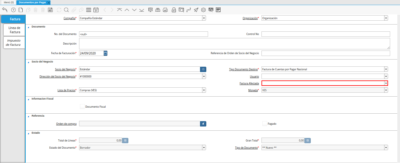campo factura afectada de la ventana documentos por pagar