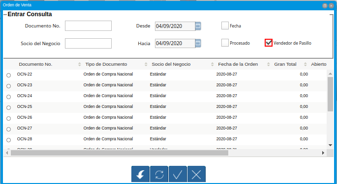 Checklist Vendedor de Pasillo del Grupo de Campos Entrar Consulta de la Ventana Orden de Venta Desplegada por el Icono Registros Históricos