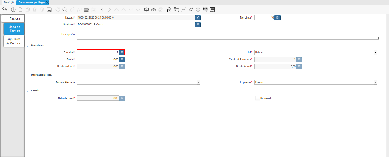 campo cantidad de la pestaña linea de factura débito