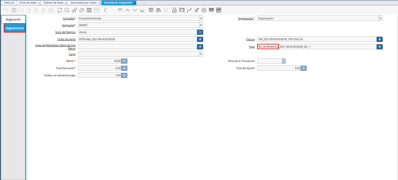 pestaña asignaciones y campo pago