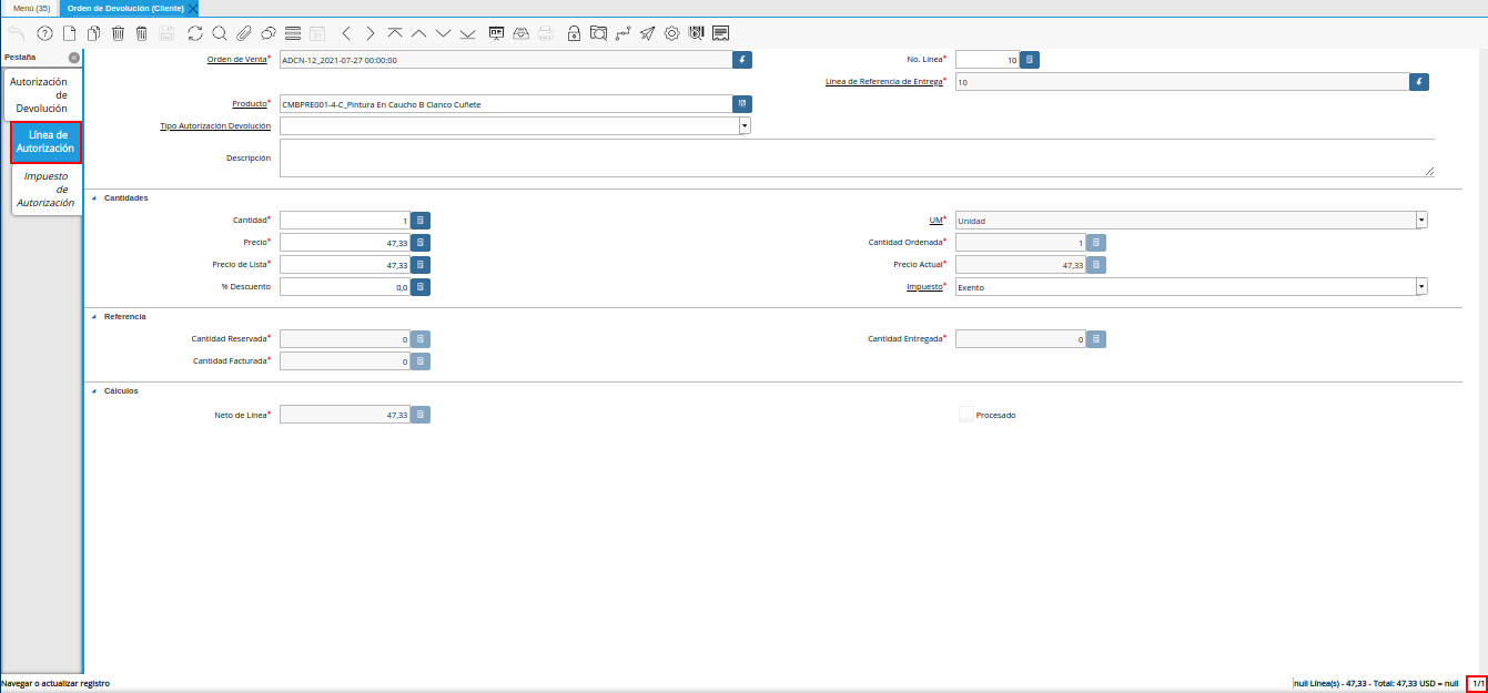 pestaña línea de autorización de la ventana orden de devolución cliente