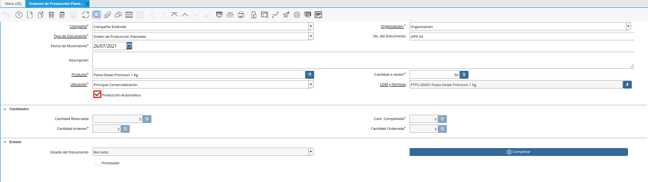 Checklist Producción Automática de la Ventana Órdenes de Producción Planeadas