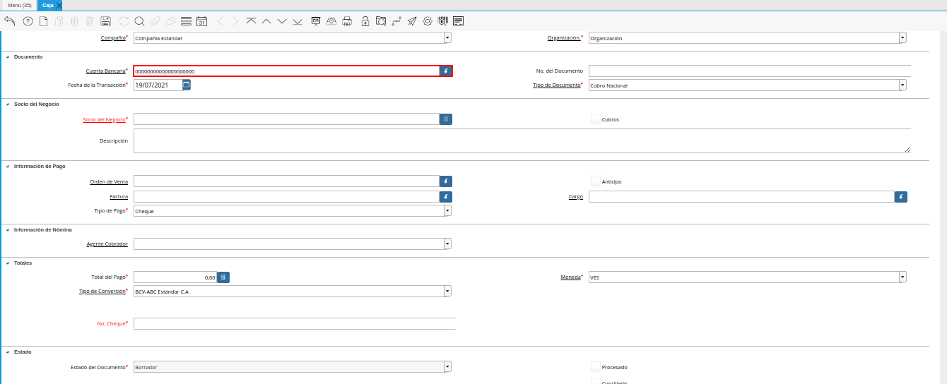 campo cuenta bancaria de la ventana caja