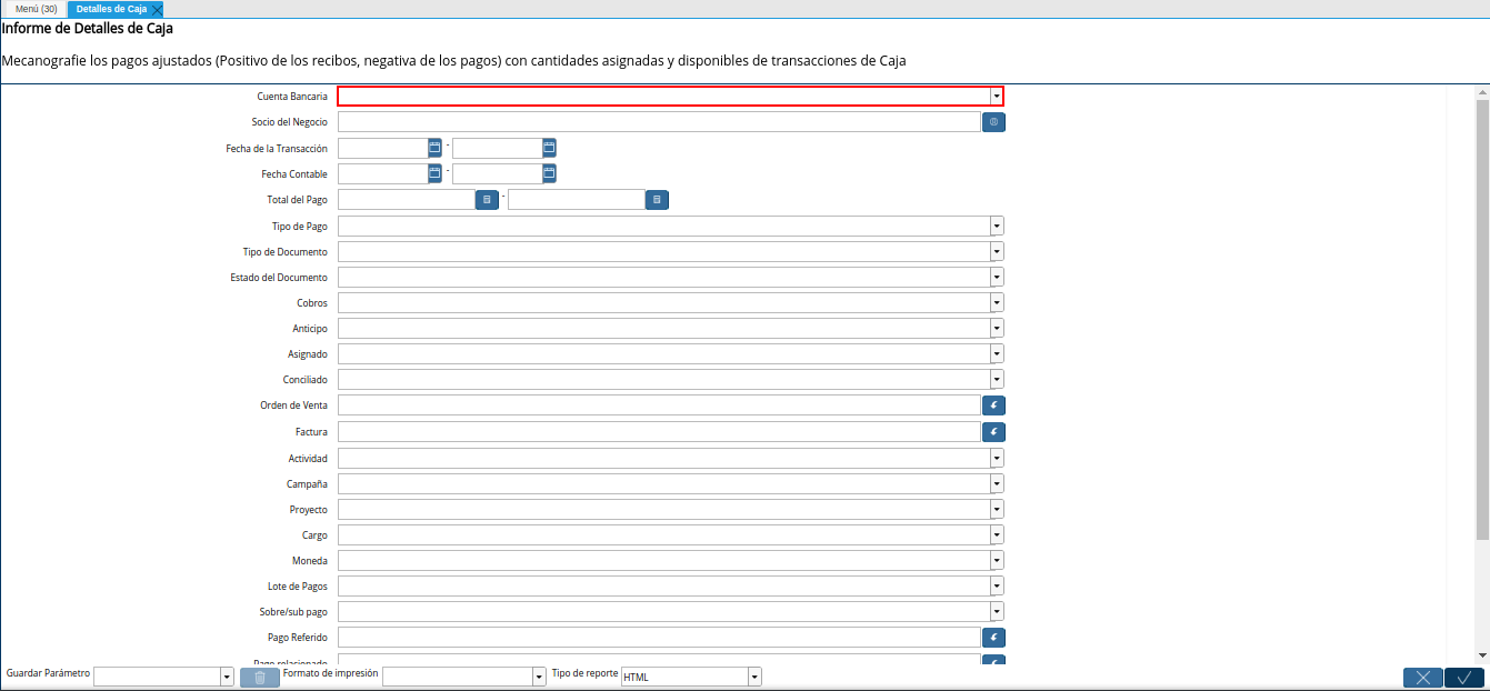 campo cuenta bancaria del reporte detalle de caja