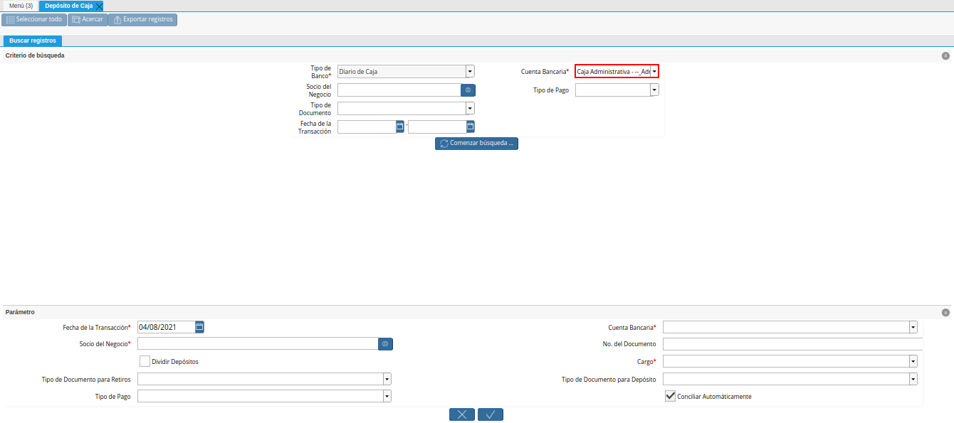 campo cuenta bancaria de la ventana deposito a caja