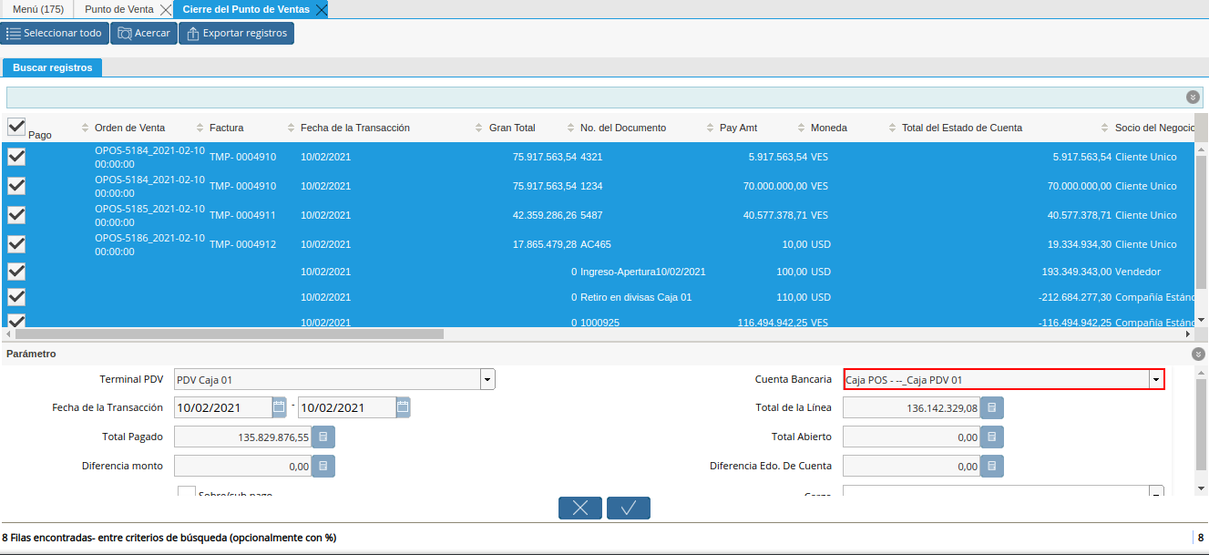 Campo Cuenta Bancaria de la Ventana Cierre de Caja del Punto de Venta