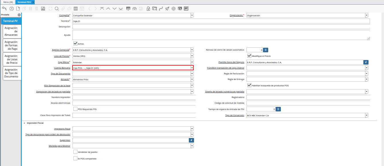 Campo Cuenta Bancaria de la Ventana Terminal PDV