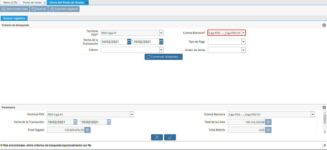 Campo Cuenta Bancaria del Filtro de Búsqueda de la Ventana Cierre de Caja del Punto de Venta