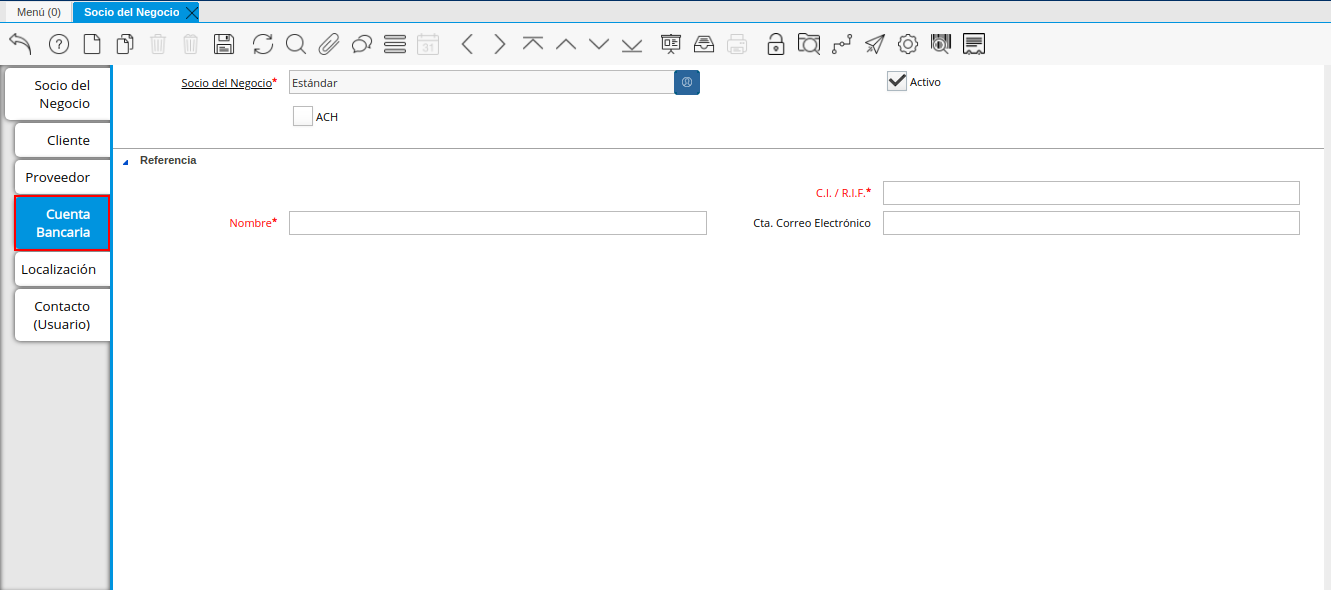 Pestaña Cuenta Bancaria del Registro Proveedor