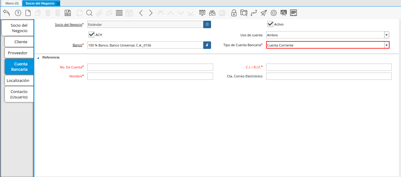 Campo Tipo de Cuenta Bancaria de la Pestaña Cuenta Bancaria del Registro Proveedor