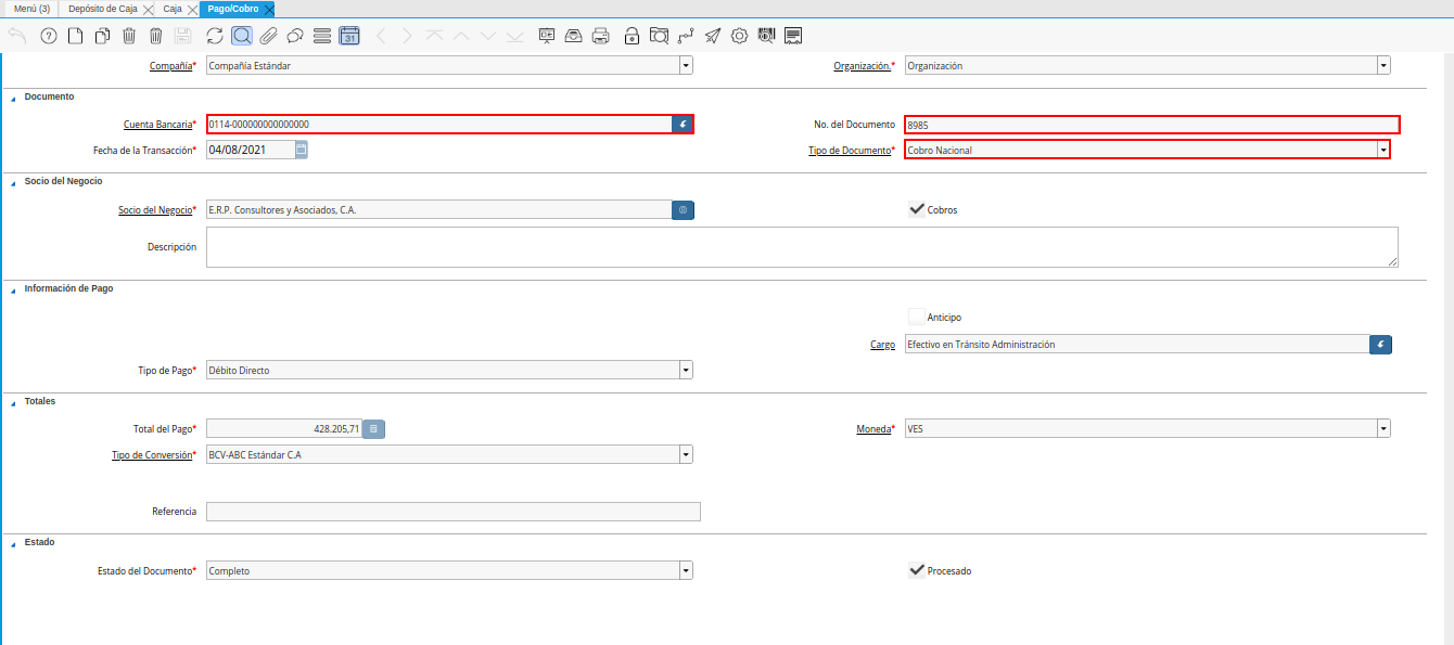 consulta de ingreso en banco por deposito