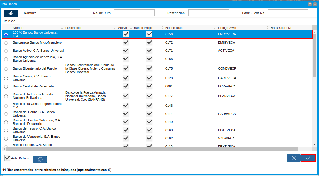 Ventana Bancos de la Pestaña Cuenta Bancaria del Registro Cliente