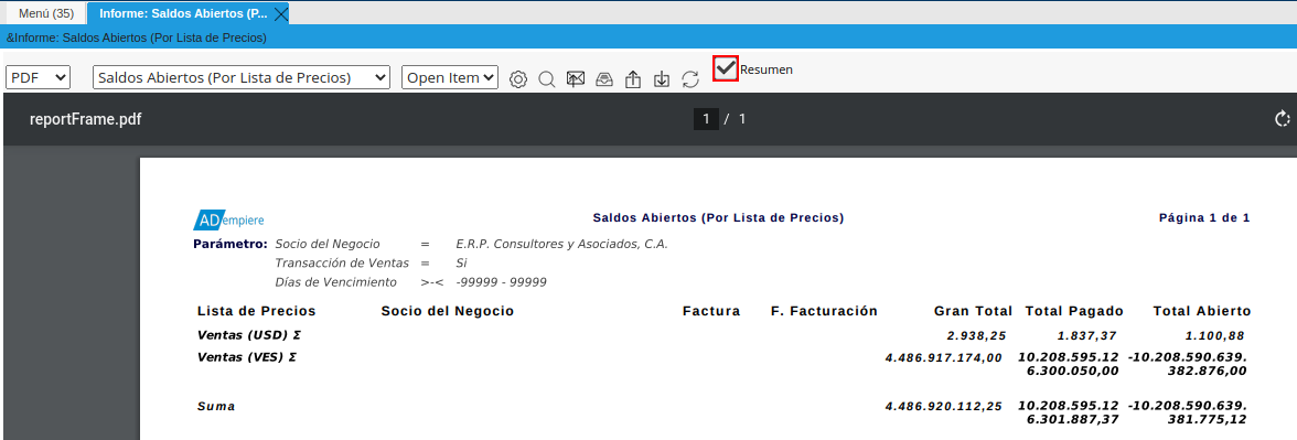 opción resumen del informe de la barra