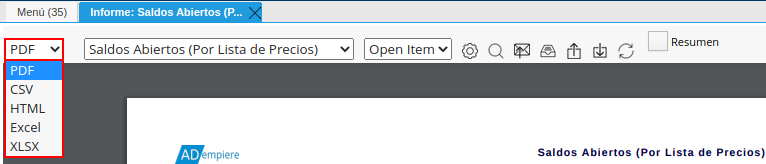 campo tipo de reporte de la barra