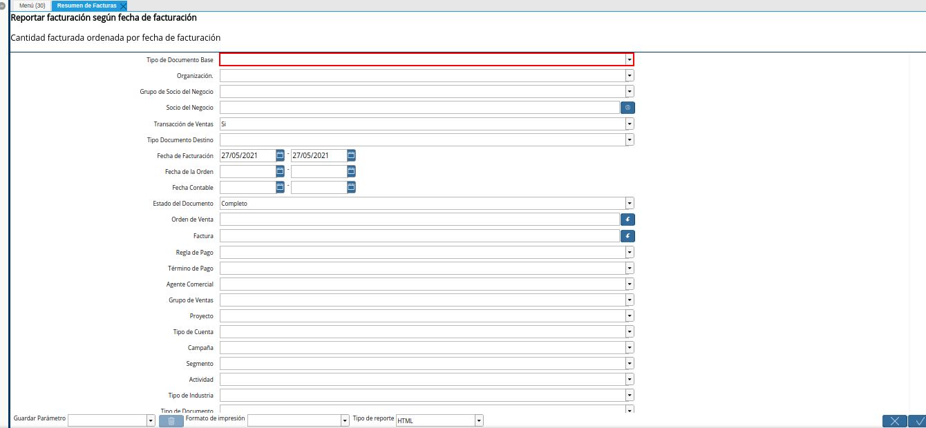 campo tipo de documento base del reporte resumen de facturas