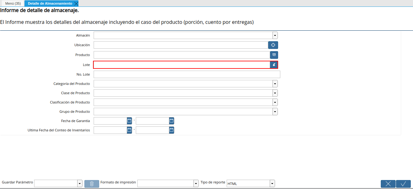 campo lote del reporte detalle de almacenamiento