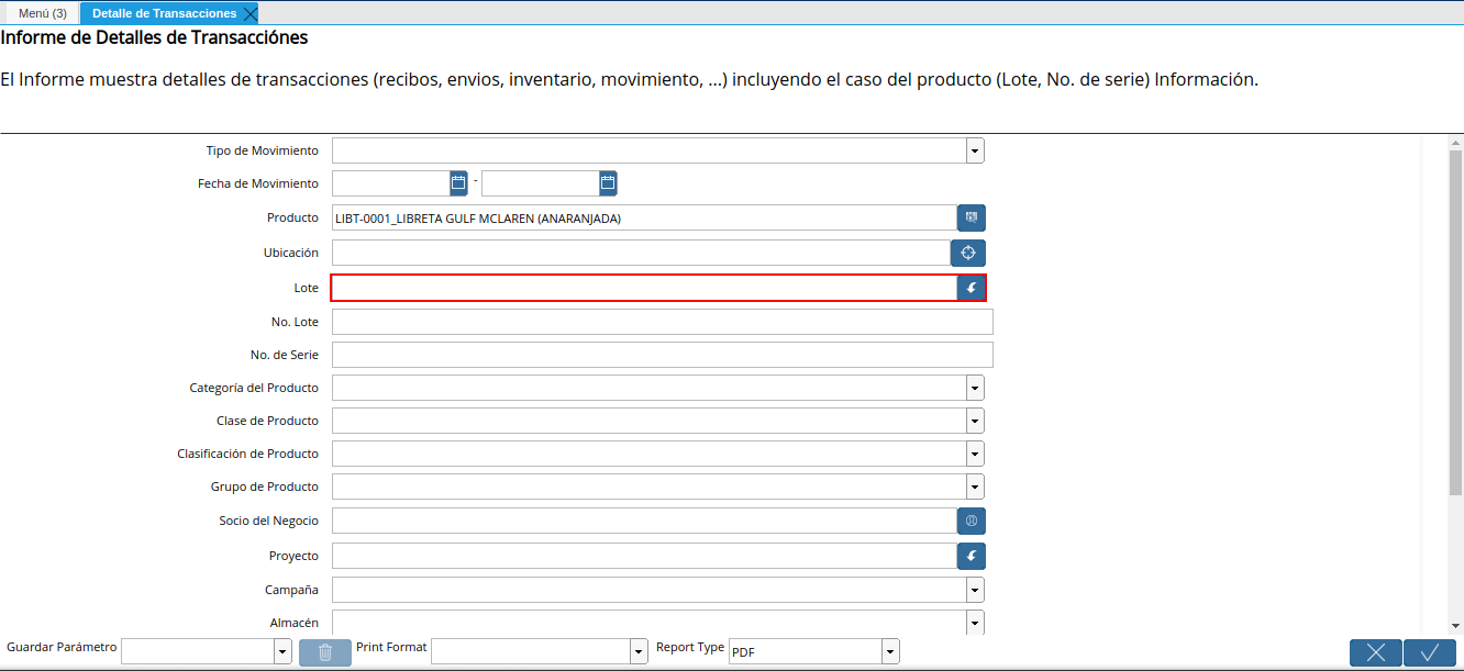 campo lote de la ventana detalle de transacciones