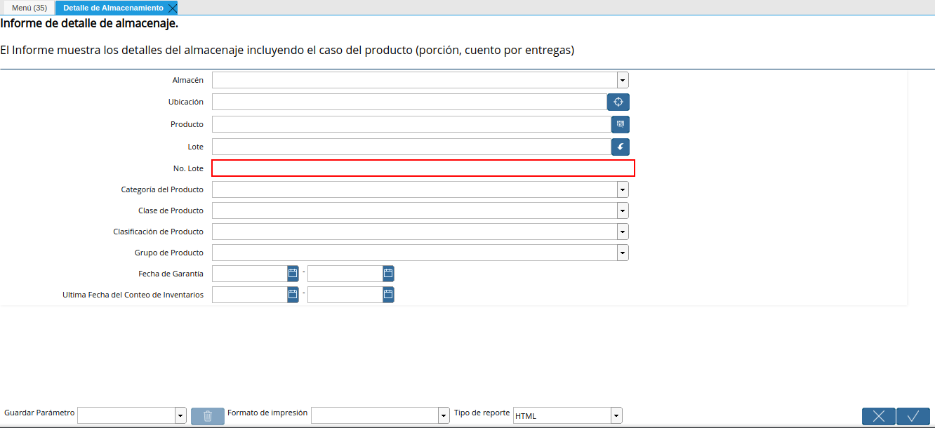 campo número de lote del reporte detalle de almacenamiento