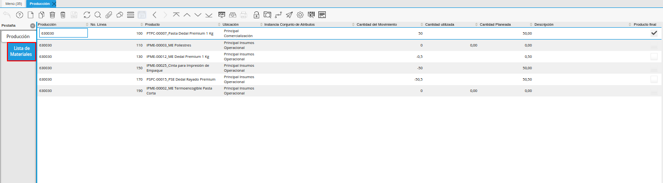 pestaña lista de materiales de la ventana producción