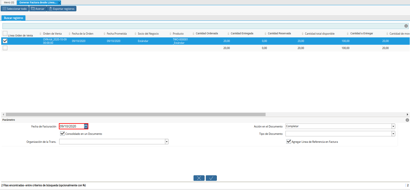 Campo Fecha de Facturación de la Ventana Generar Factura desde Líneas de la Orden