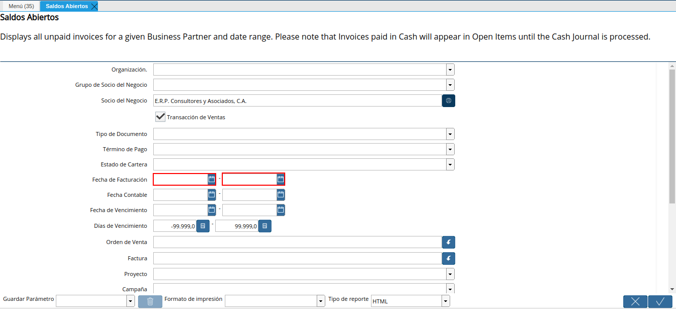 campo fecha de facturación del reporte de saldos abiertos