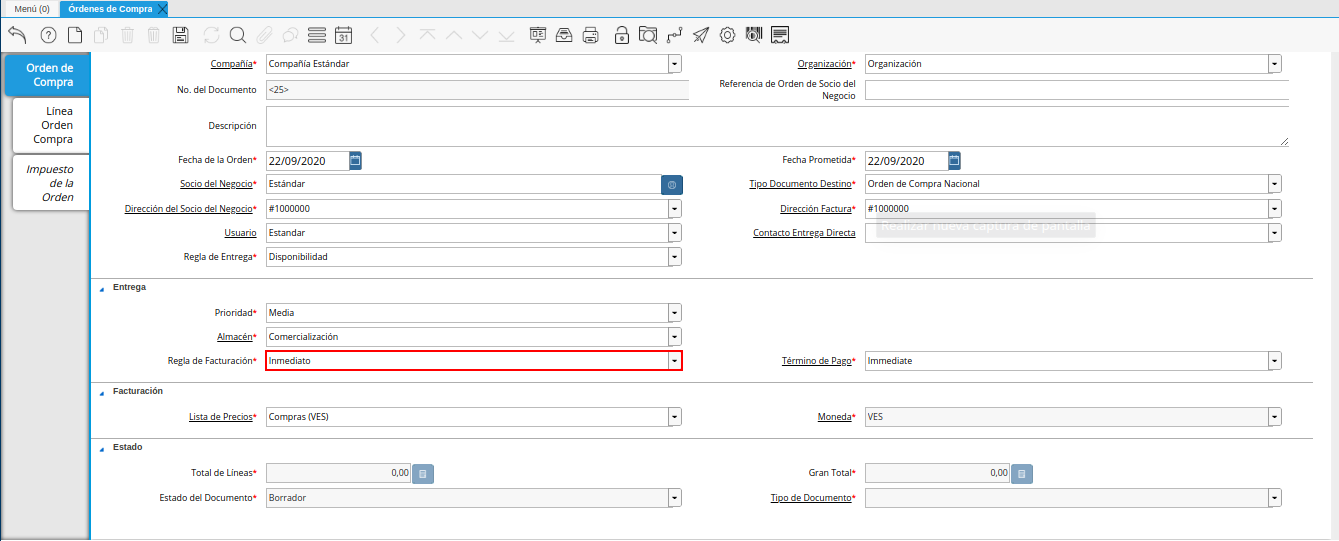 campo regla de facturación de la ventana órdenes de compra