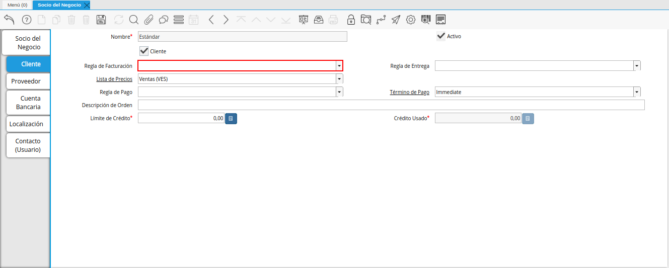 Campo Regla de Facturación de la Pestaña Cliente