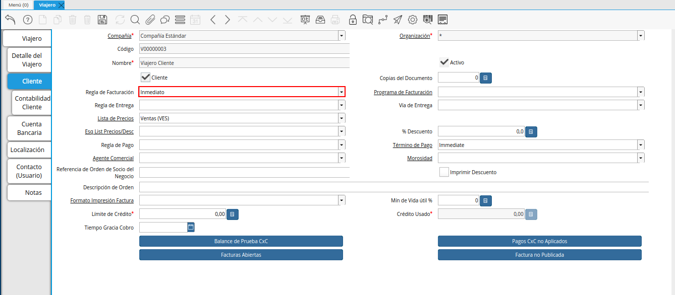 campo regla de facturación de la pestaña cliente