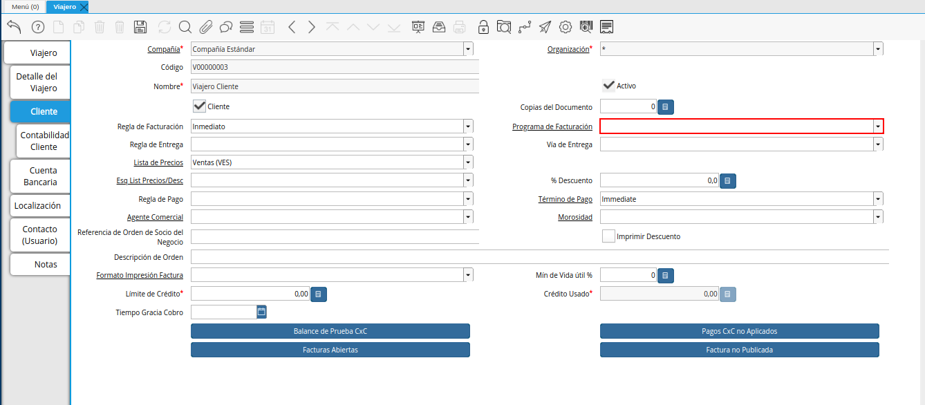 campo programa de facturación de la pestaña cliente