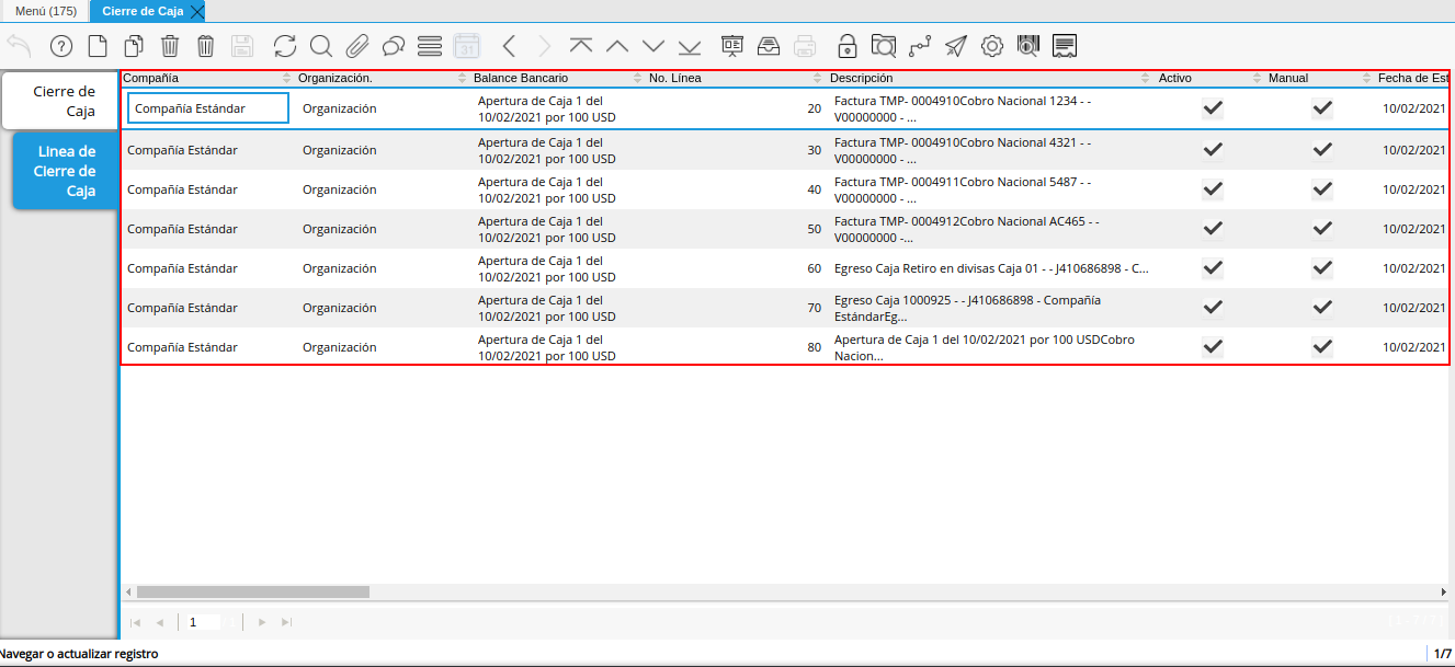 Pestaña Línea de Cierre de Caja 04 Completada