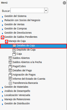 menú de detalle de caja