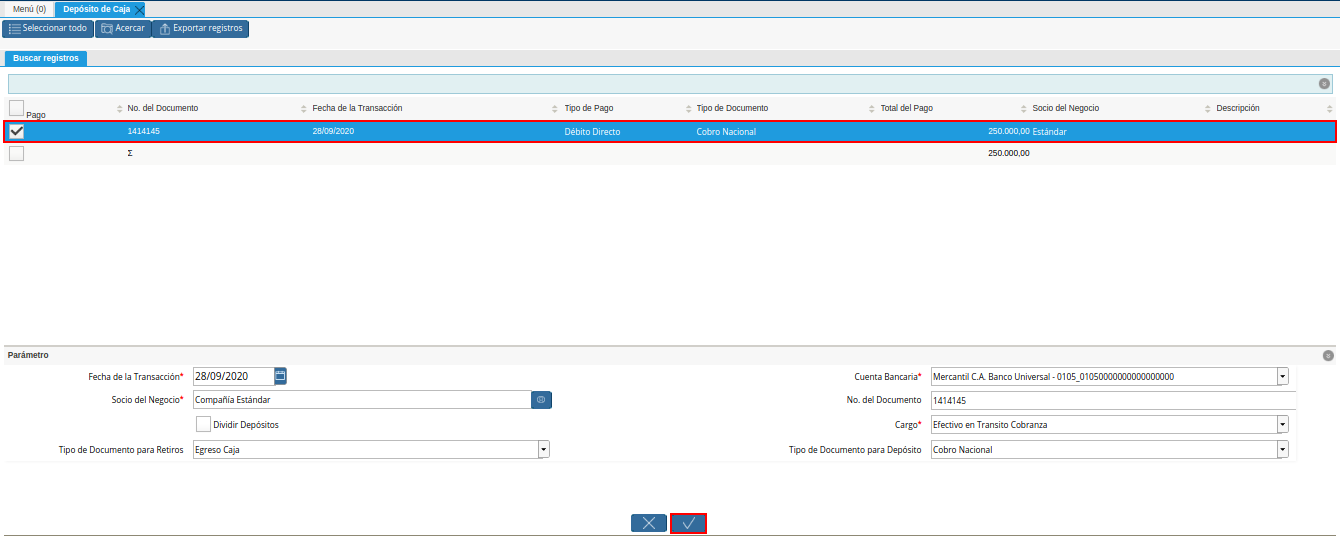 Selección de Caja y Opción OK