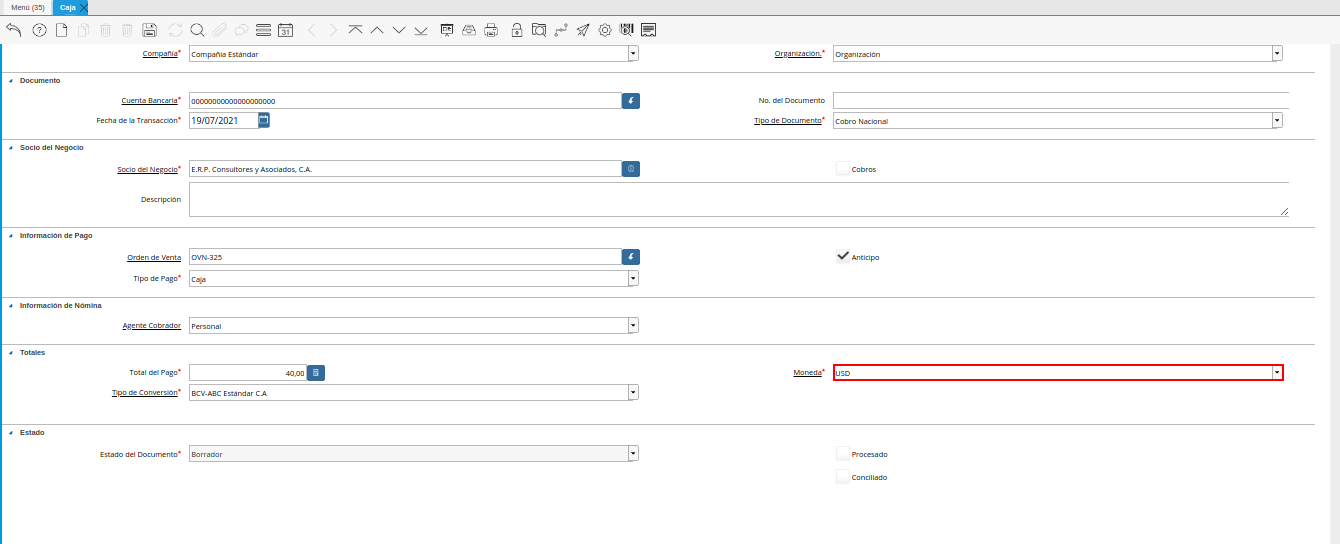 campo moneda de la ventana caja
