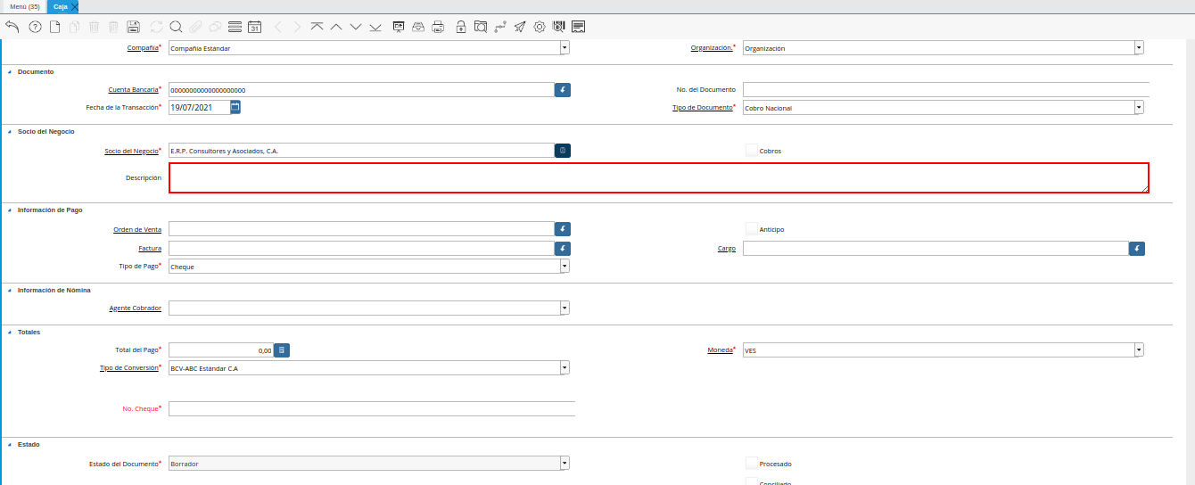 campo descripción de la ventana caja
