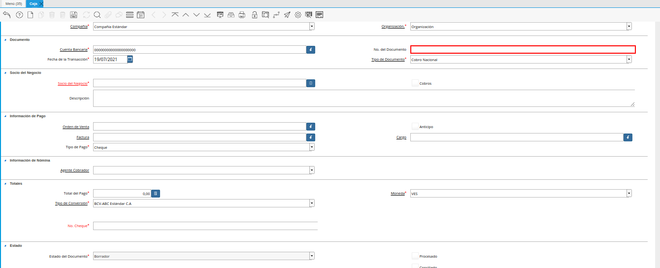 campo número de documento de la ventana caja